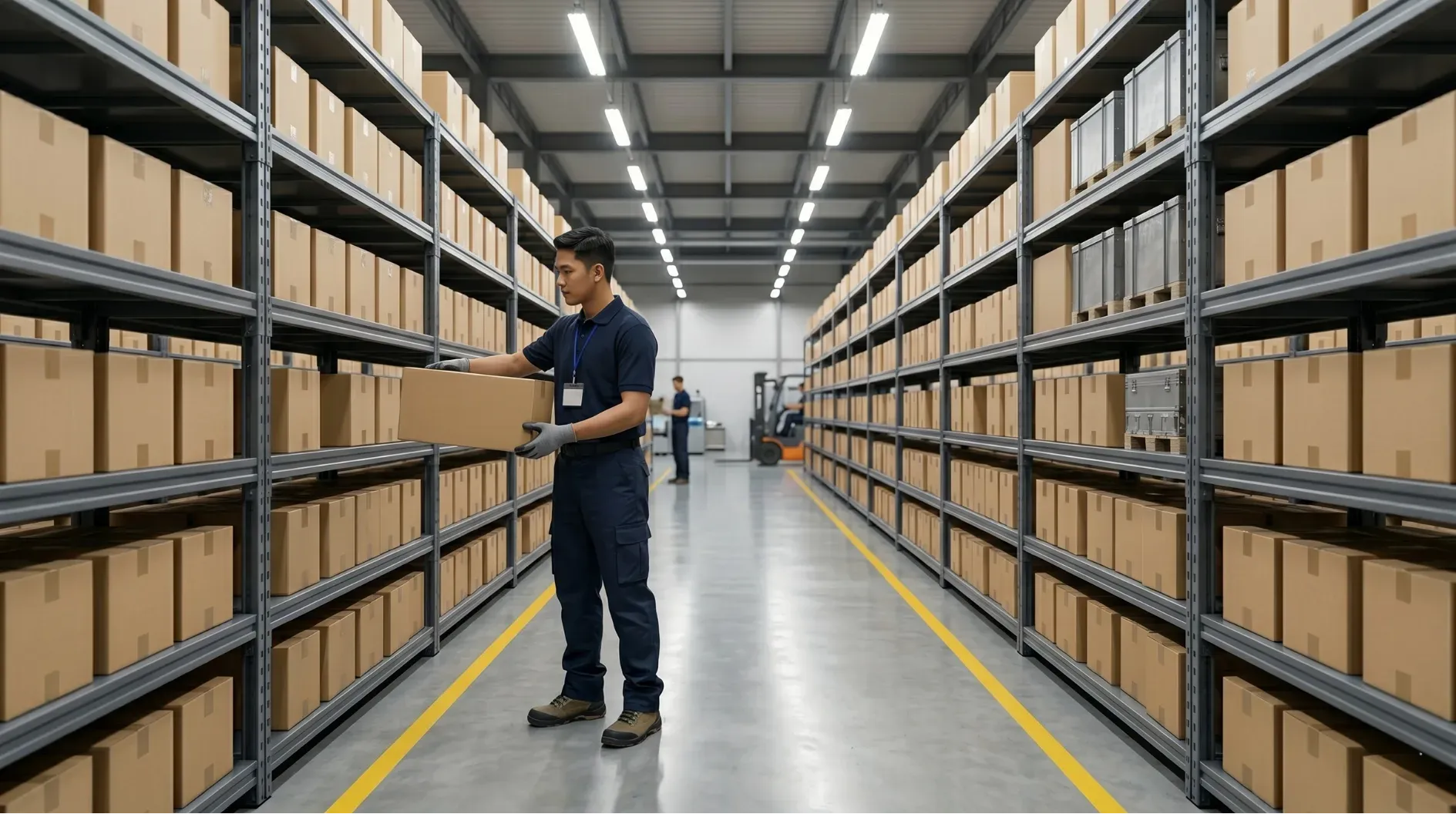 Personnel manual hand picking items from a longspan shelving layout