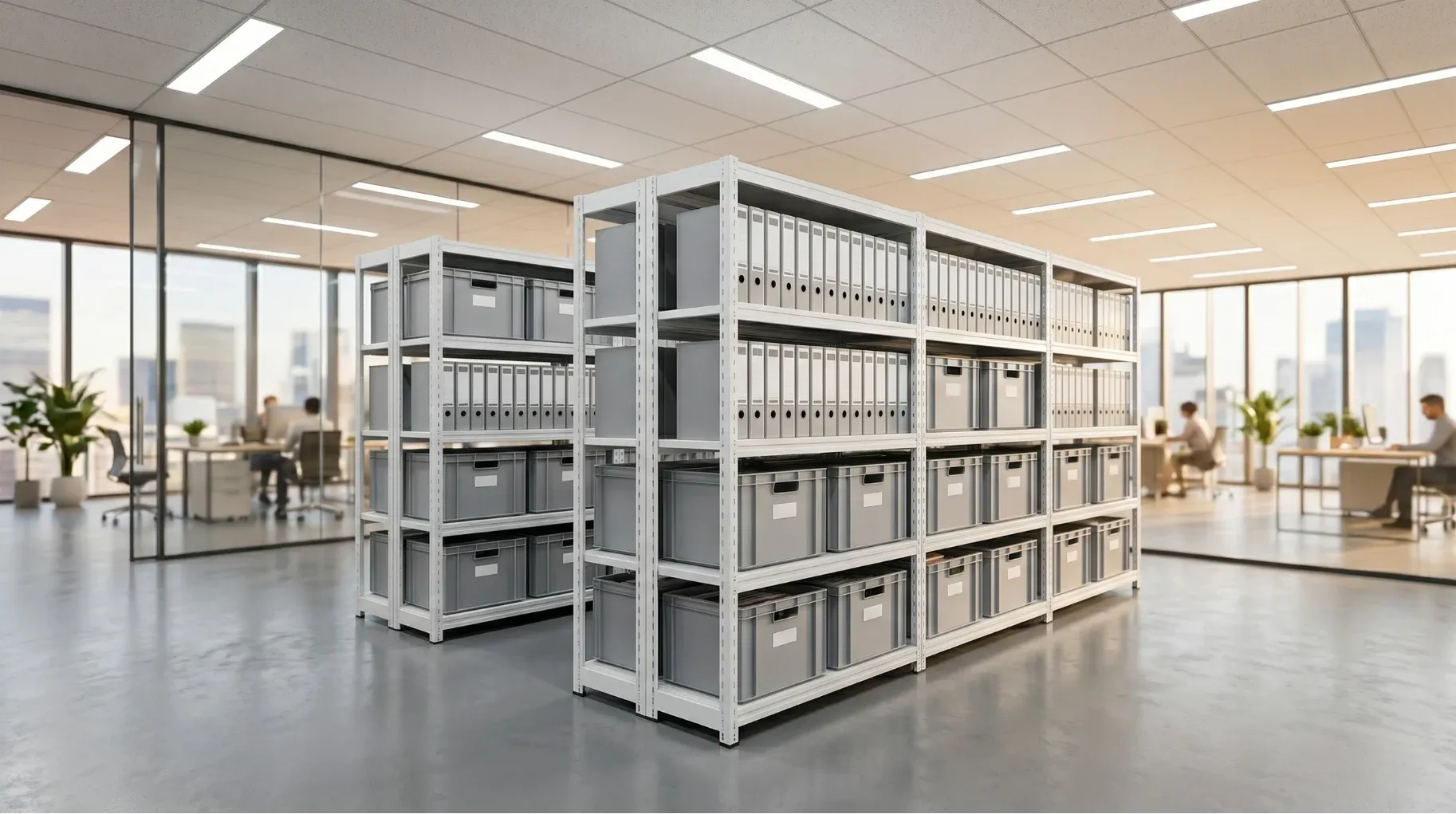 Modern boltless shelving system organizing office files cleanly