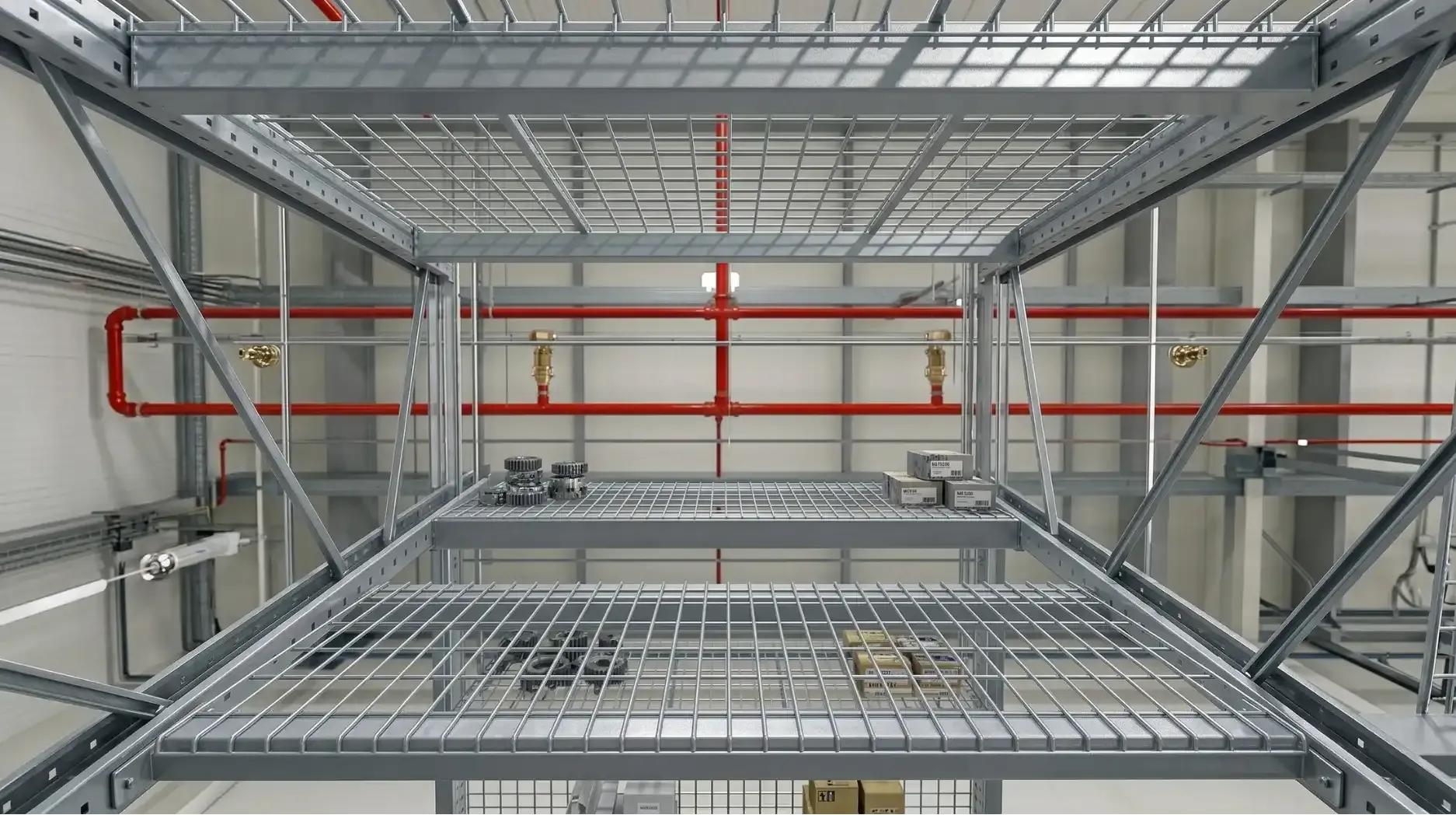 Overhead sprinkler water penetration test passing through warehouse wire mesh decks