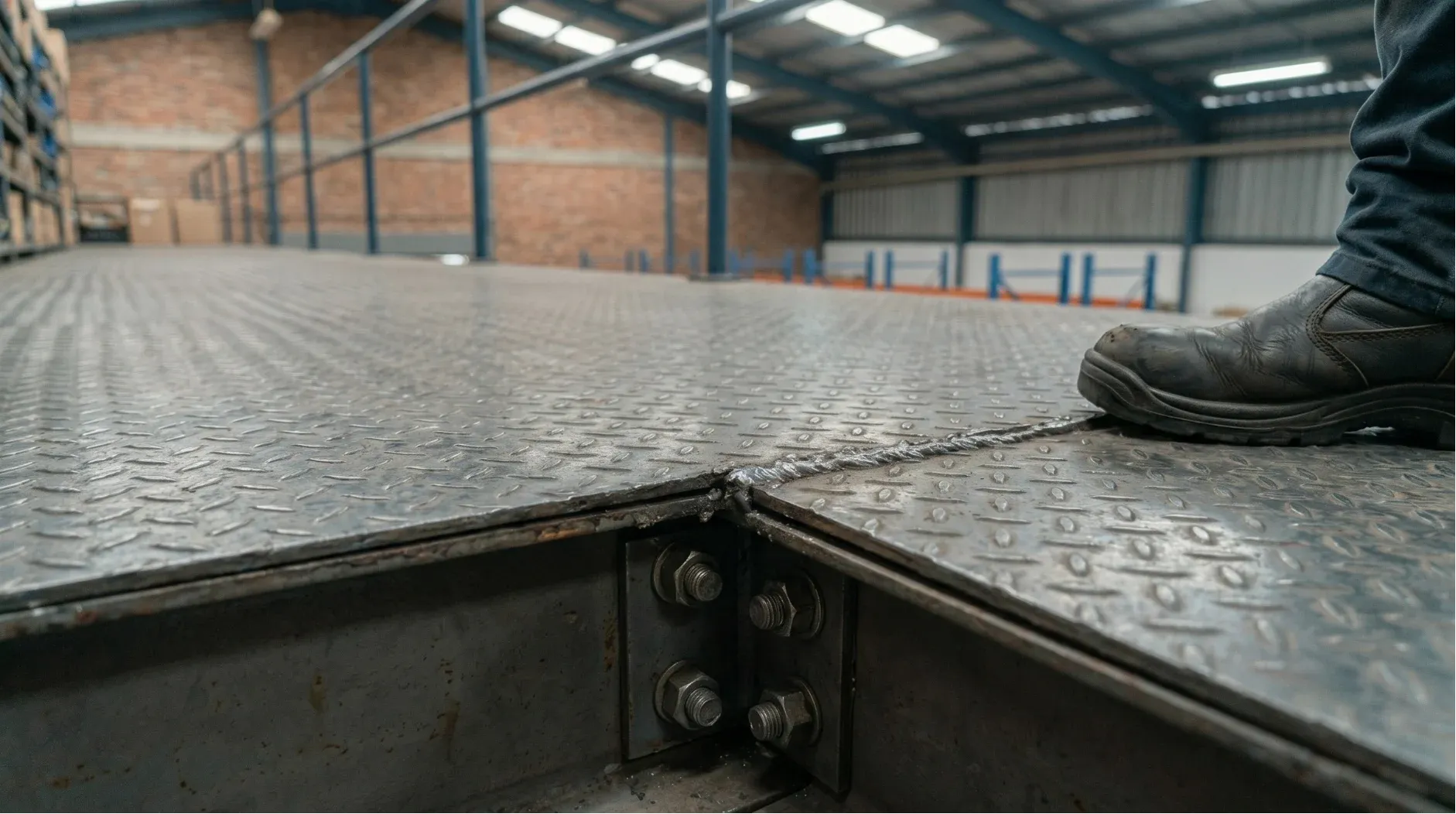 Chequered steel floor plate texture detail on mezzanine grid platform