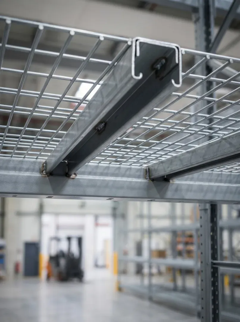 Close up detail of steel support channels welded under the wire grid mesh