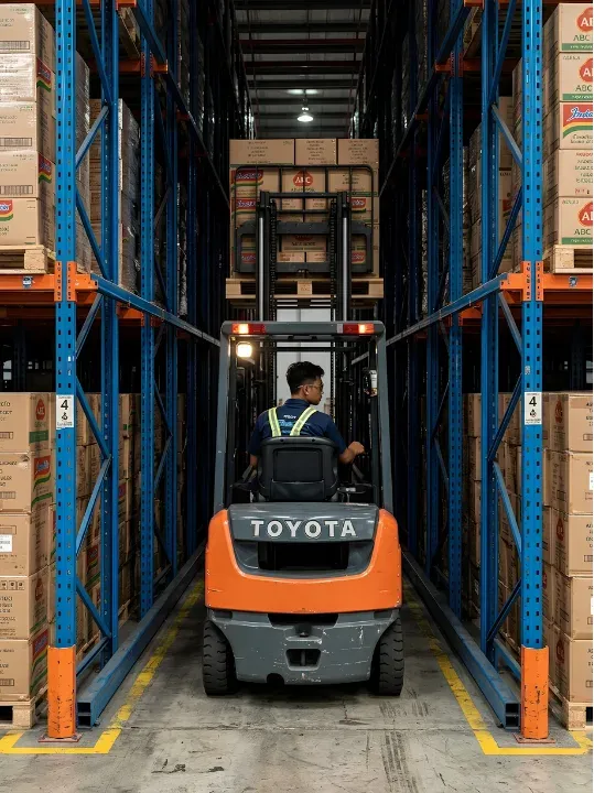 Forklift entering drive-in racking lane safely