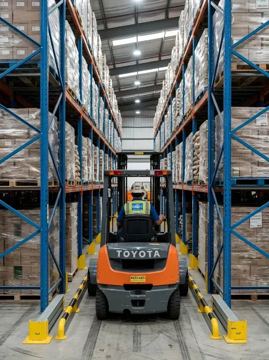 Forklift entering drive-thru rack from loading aisle