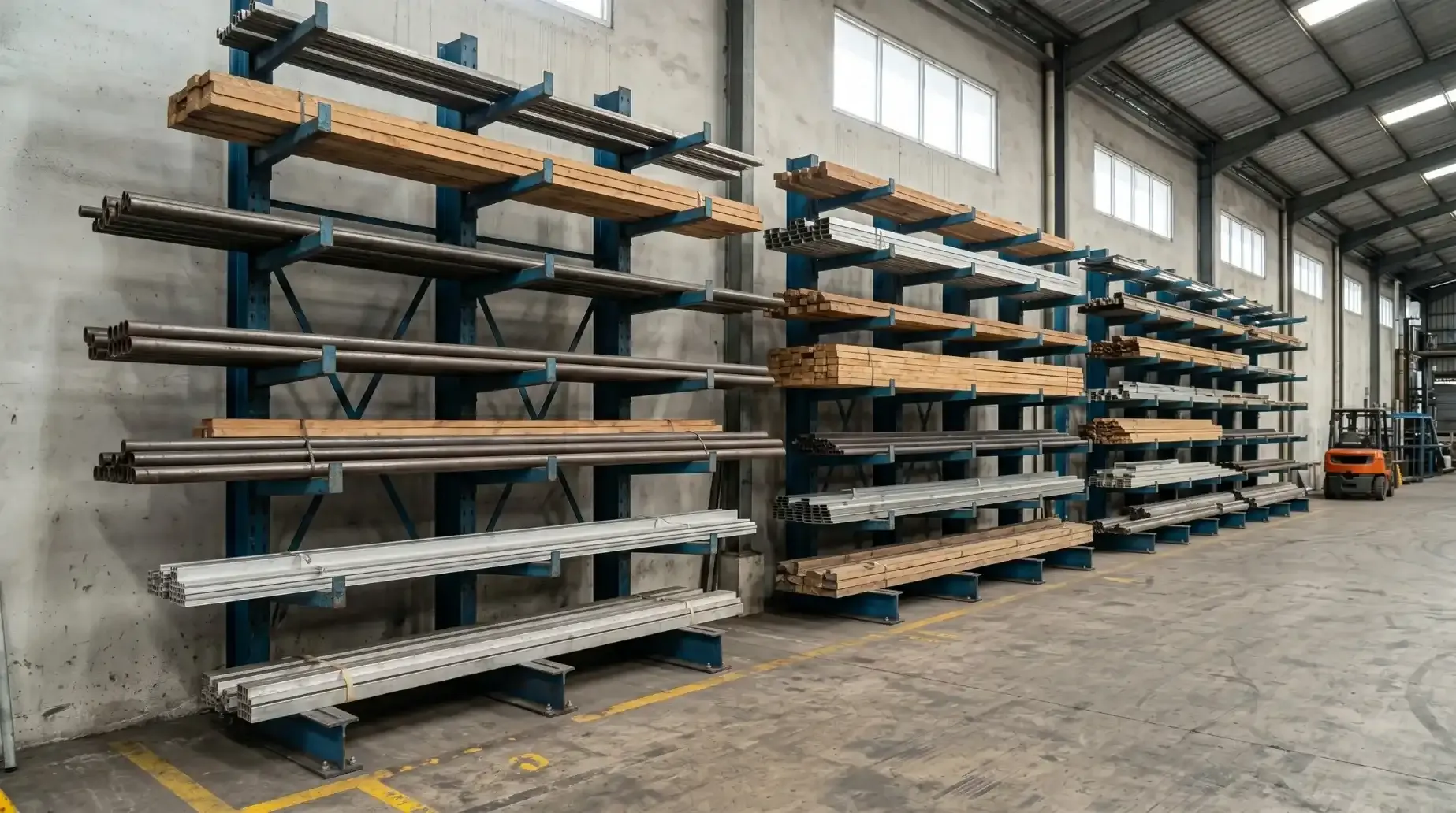 Single sided cantilever rack system installed against a warehouse wall