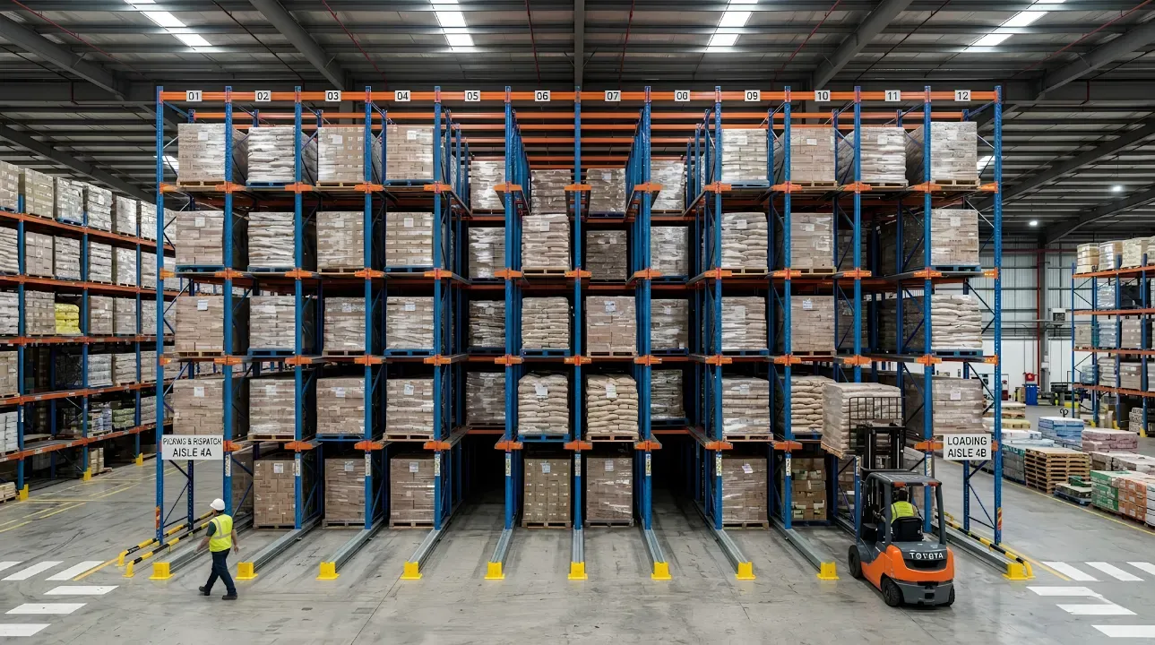 Drive-thru rack installation with dual access aisles
