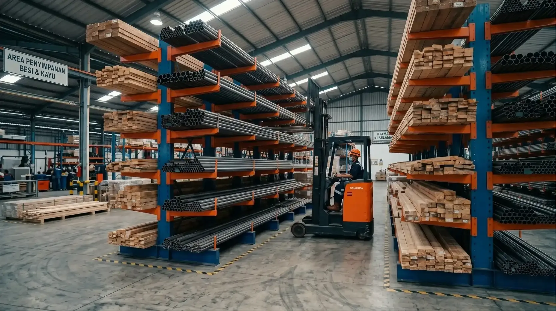 Forklift accessing double sided cantilever racking lane