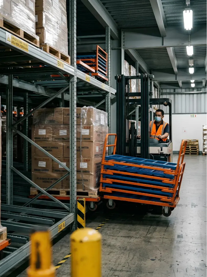 Forklift loading pallet onto push back racking system