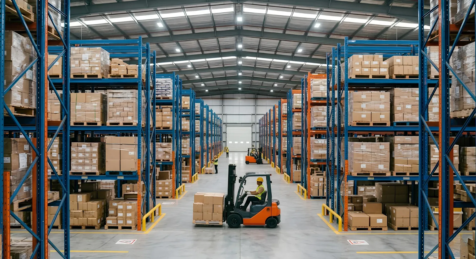 A massive, dimly lit industrial warehouse interior filled with towering steel shelving units...