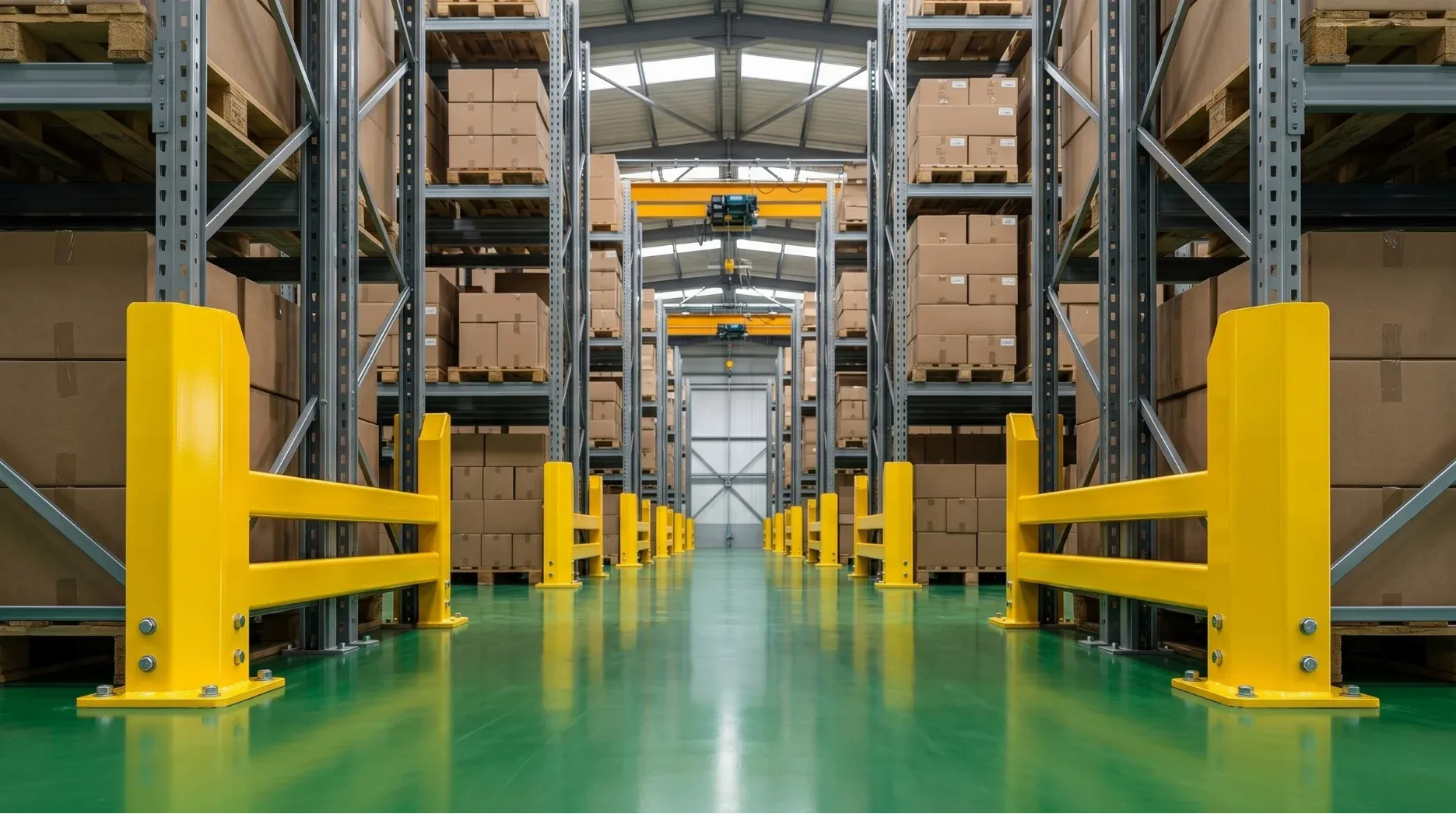 Heavy duty steel upright corner protector installed in warehouse racking floor