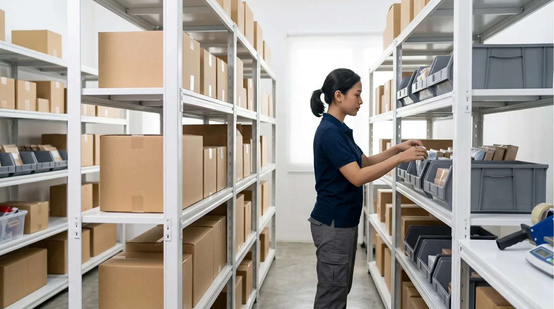Small e-commerce fulfillment workspace using modular boltless shelves