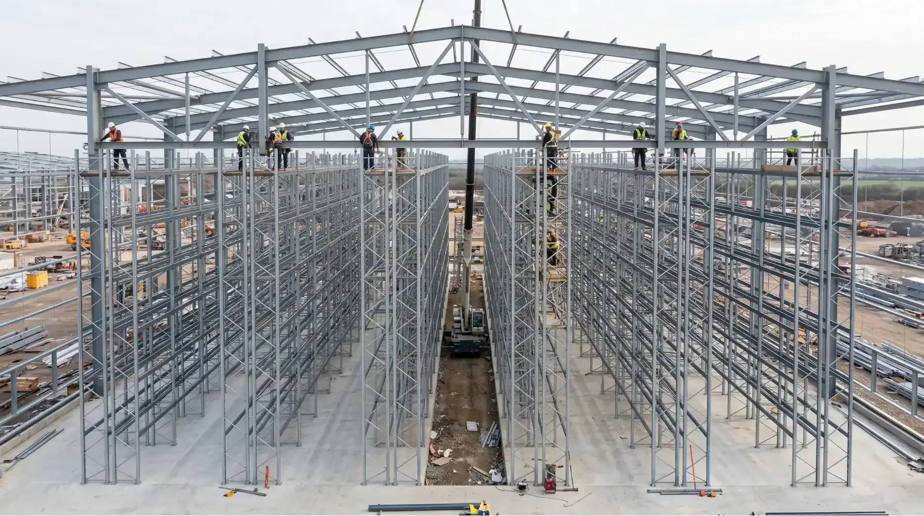Massive rack-supported building structure under construction showcasing roof integration