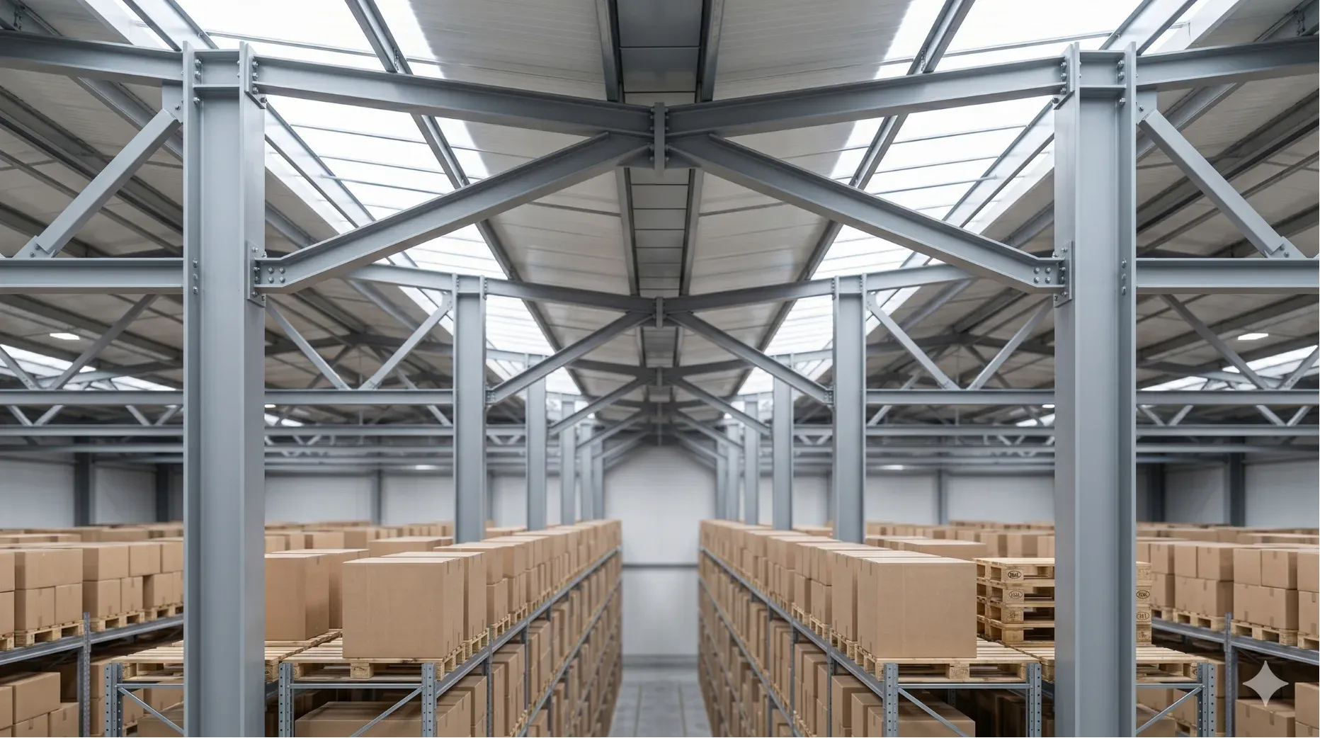 Roof trusses connected directly onto the vertical steel columns of the rack system