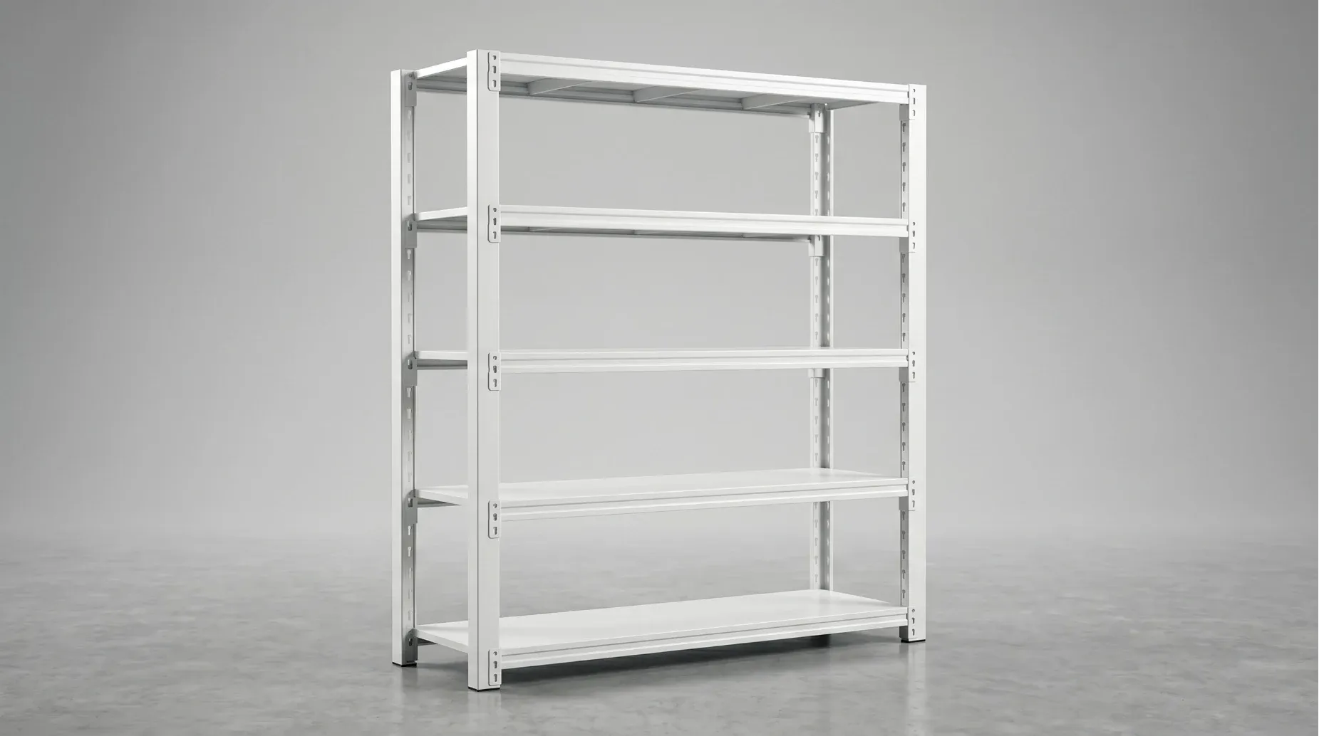 Minimalist boltless rack configuration with premium white powder coating