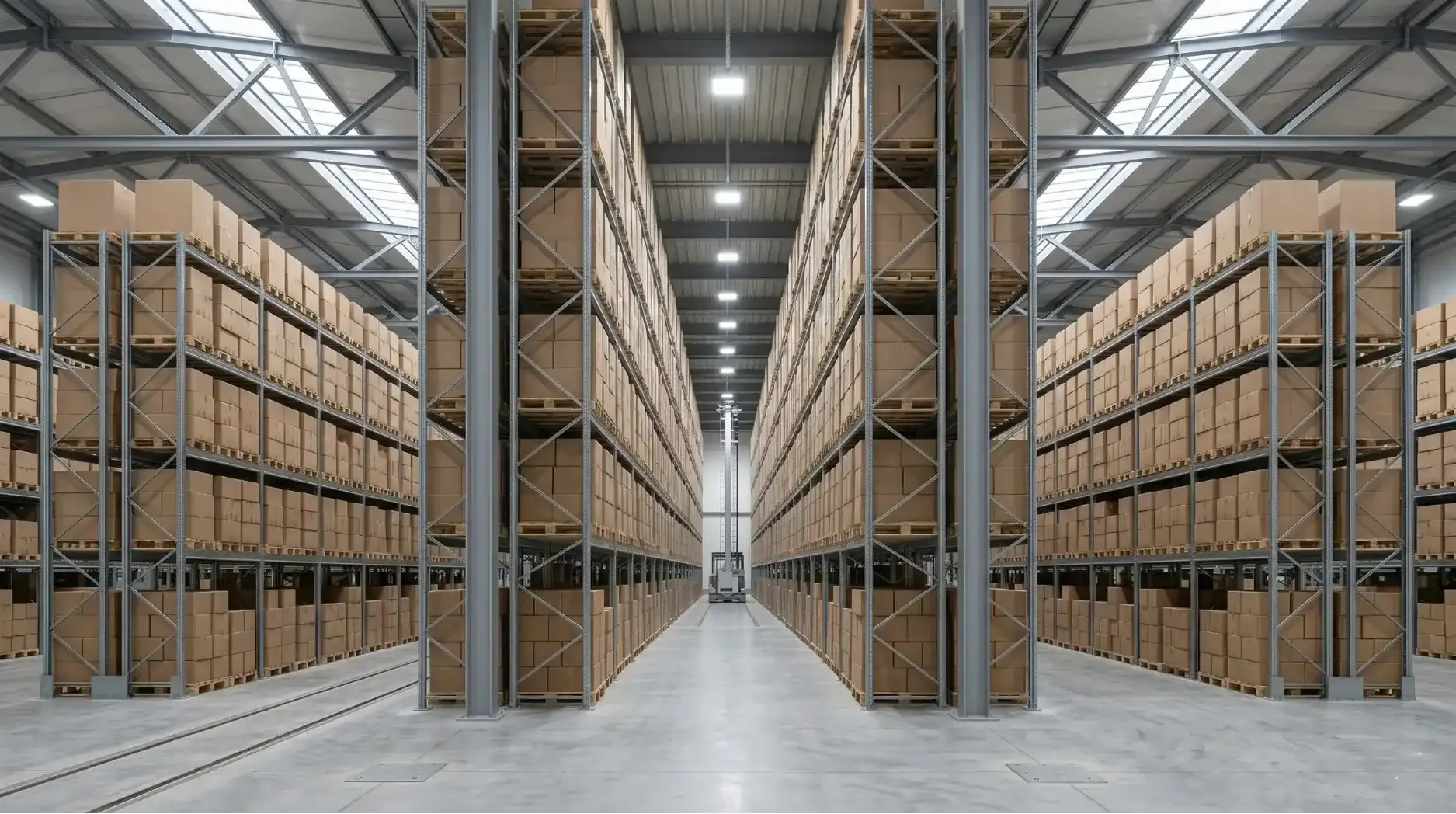 Inside view of an operational high bay automated warehouse with rack-supported frame