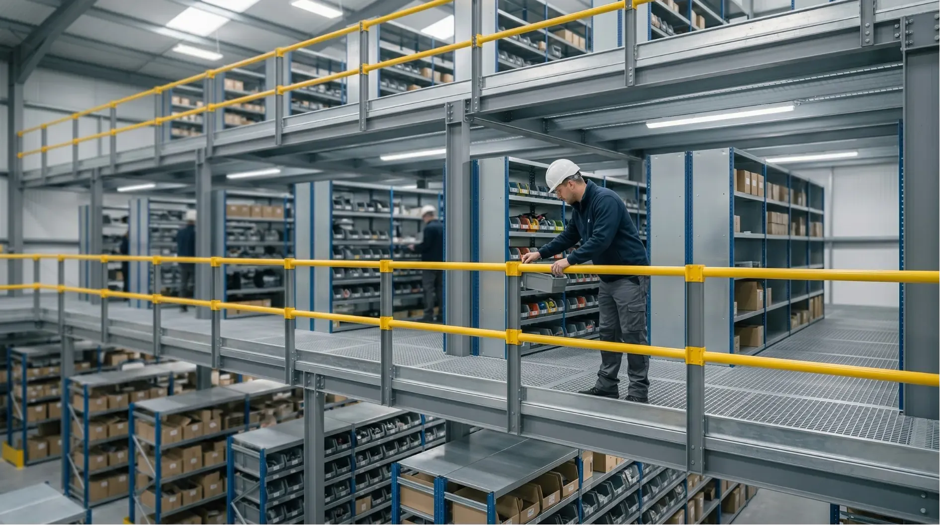 Technical staff using walkway system to safely audit warehouse storage racks levels